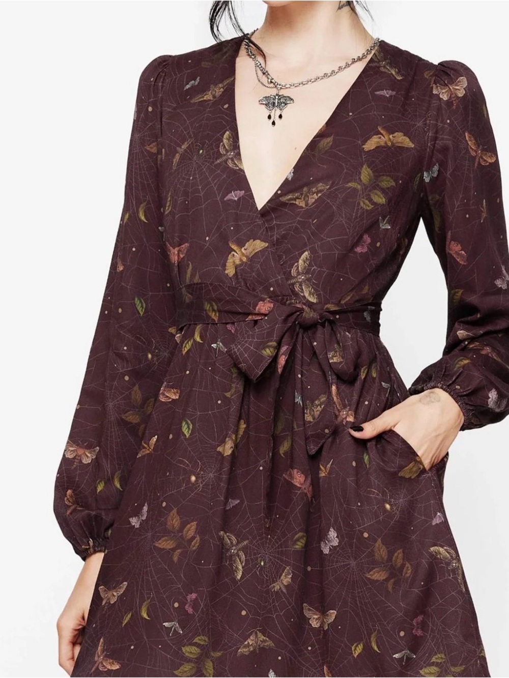 Disturbia Burgundy Moth Cobweb Faux Wrap Dress US12 UK16 NWOT Goth w/ Pockets